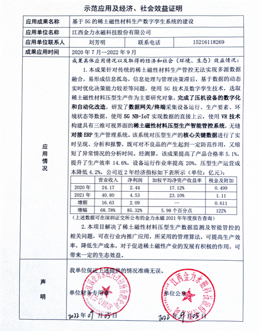 示范应用及经济、社会效益证明2